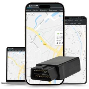 Image showing a plug-and-play GPS tracker and the Wholesale Telematics platform on laptop, tablet, and smartphone screens.