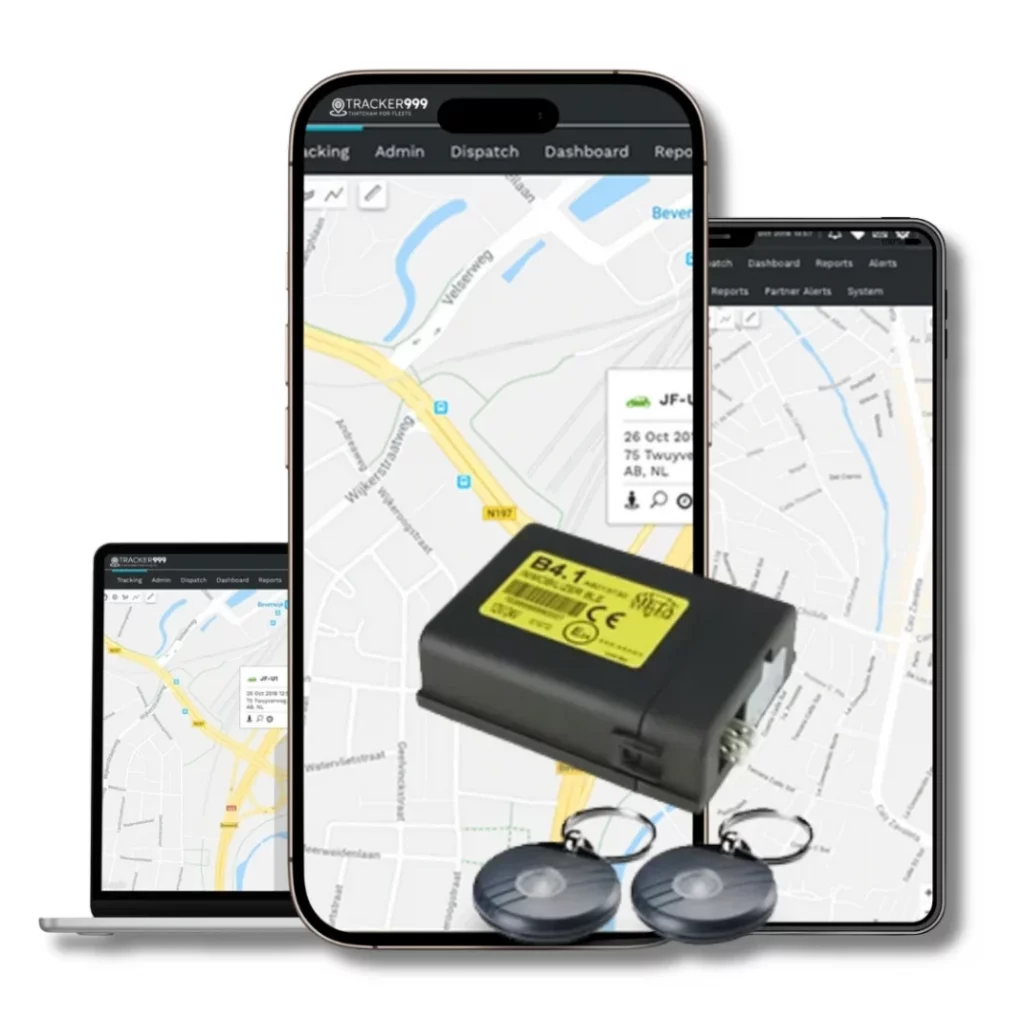 Battery-powered vehicle tracker displayed on mobile and laptop with live GPS tracking interface