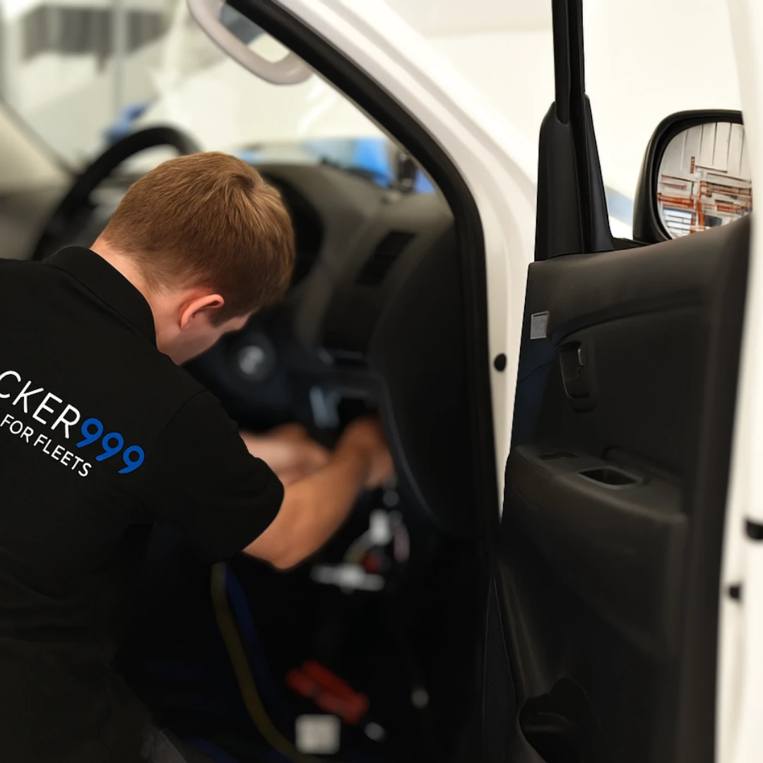 Vehicle technician in Wholesale Telematics uniform fitting a tracker inside a car