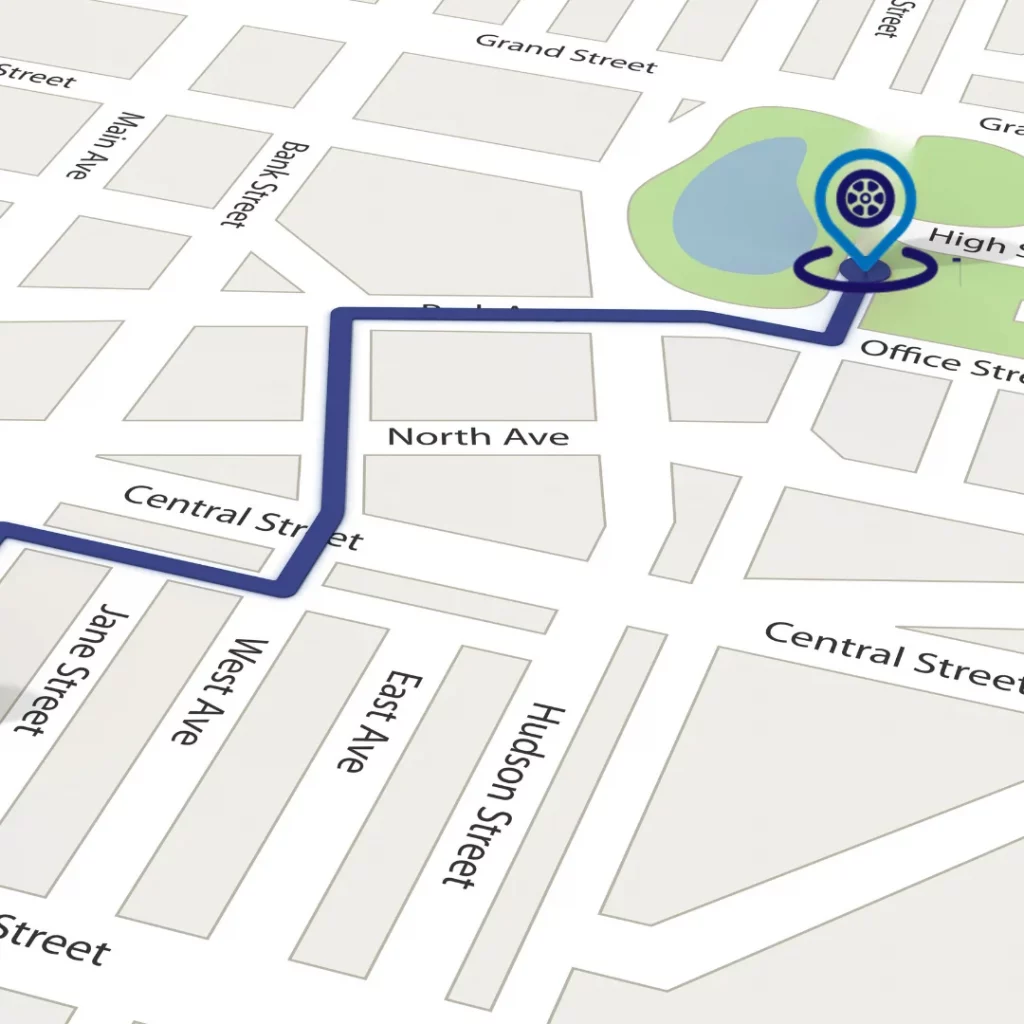 3D GPS map with vehicle route and Wholesale Telematics location pin for fleet tracking