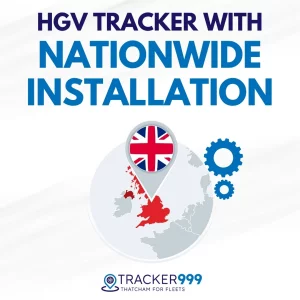 Promotional graphic for Wholesale Telematics featuring the text "HGV Tracker with Nationwide Installation." Includes a UK map with a British flag pin, symbolising coverage across the country.