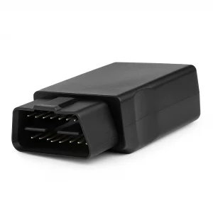 self fit tracker Black plug-and-play GPS tracker with OBD-II connector shown on a white background.