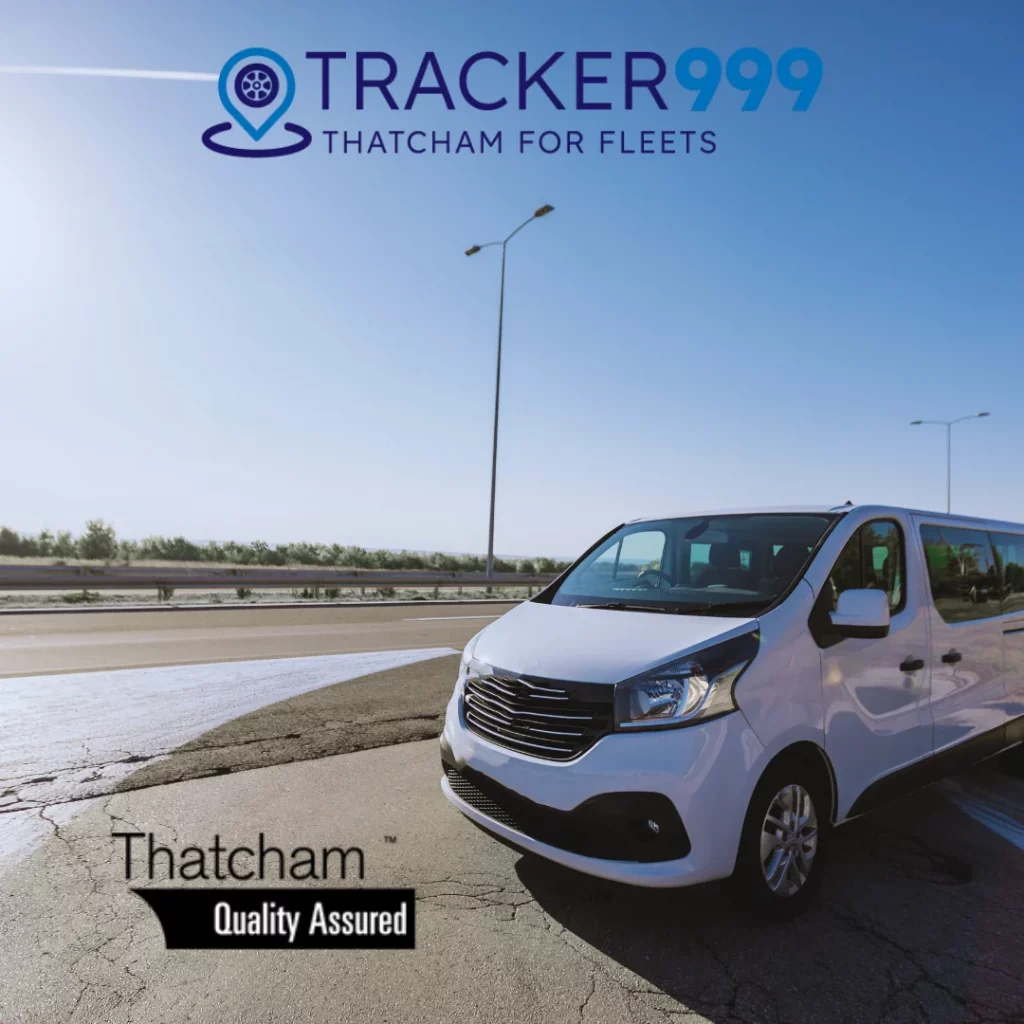 Van on UK road with Wholesale Telematics and Thatcham quality assurance logos