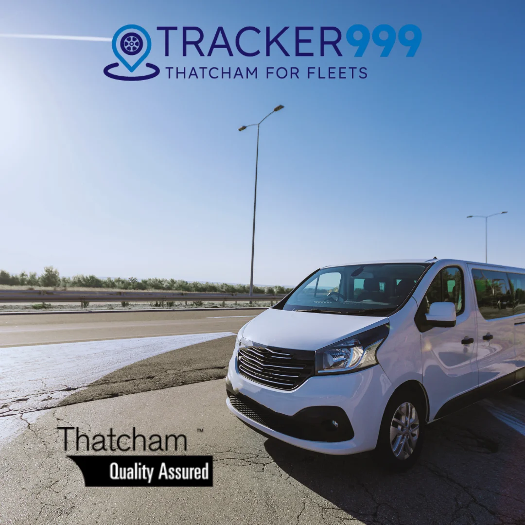 Van on UK road with Wholesale Telematics and Thatcham quality assurance logos